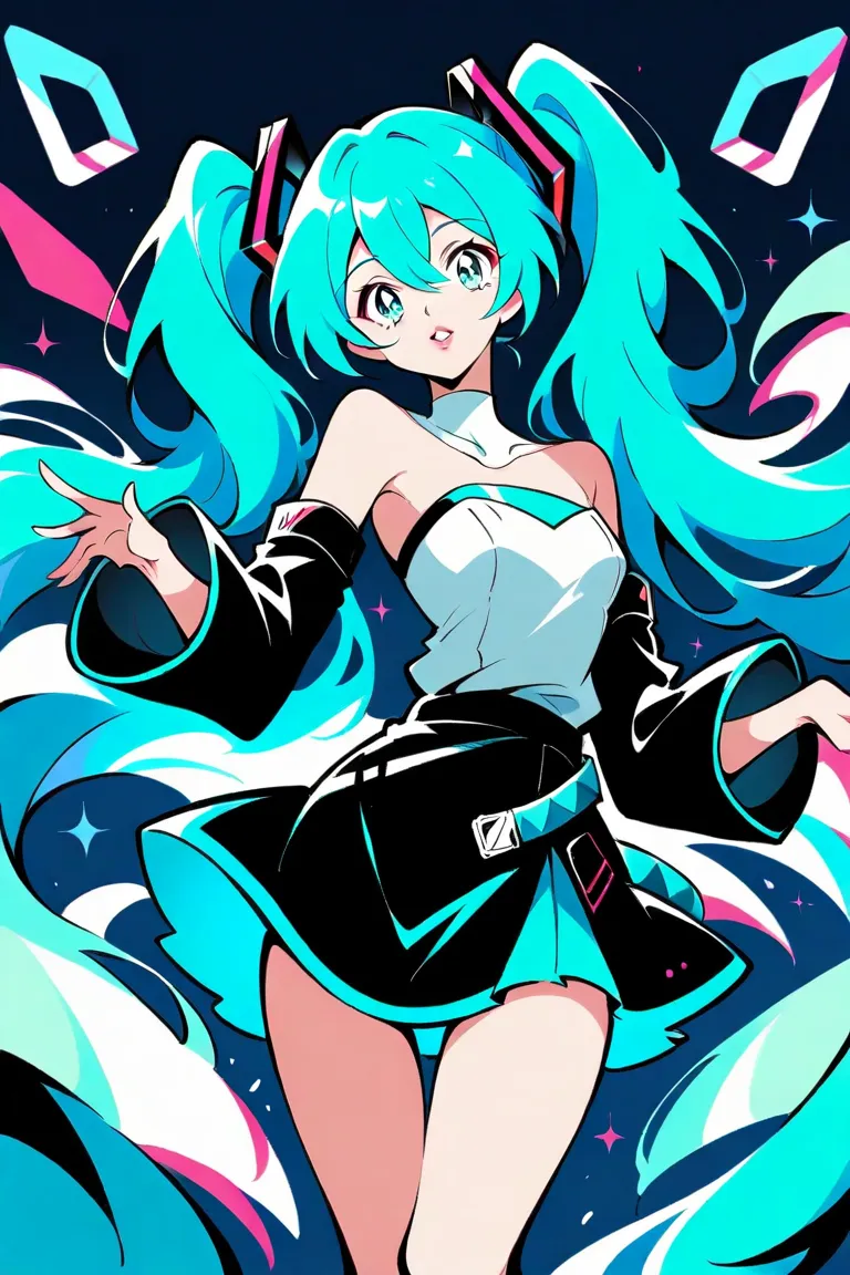 (has the best quality, sketch:1.2),practical, illustration designer  ,cunning，  mealioff  ,1 girl,   Hatsune Miku  ， delicate lips , hand， strapless， Neon long hair  ,  high ponytail green  ， skirt，  masterpiece,  This style is very retro, DJ.Emphasize out...