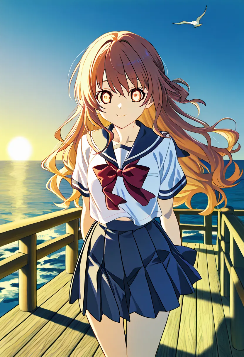 "A stunning 20-year-old anime girl with a delicate yet confident expression, 白いパンティーが見える、wearing a perfectly tailored Japanese sailor school uniform with a crisp white blouse, navy blue pleated skirt, and a neatly tied red ribbon. Her long, wavy hair sways...