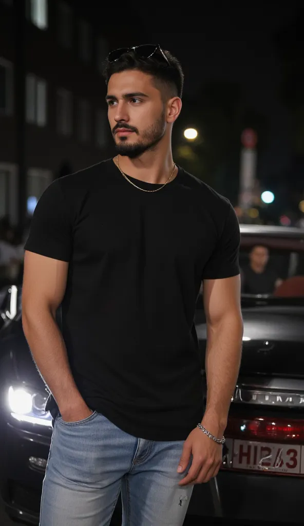 a handsome young turkish guy with muscle, dark very short hair fade middle parting and goatee beard  he wearing a black tshirt and a very light loose jeans and a thin gold chain he is in front of a car Amateur photo random picture and location is germany h...