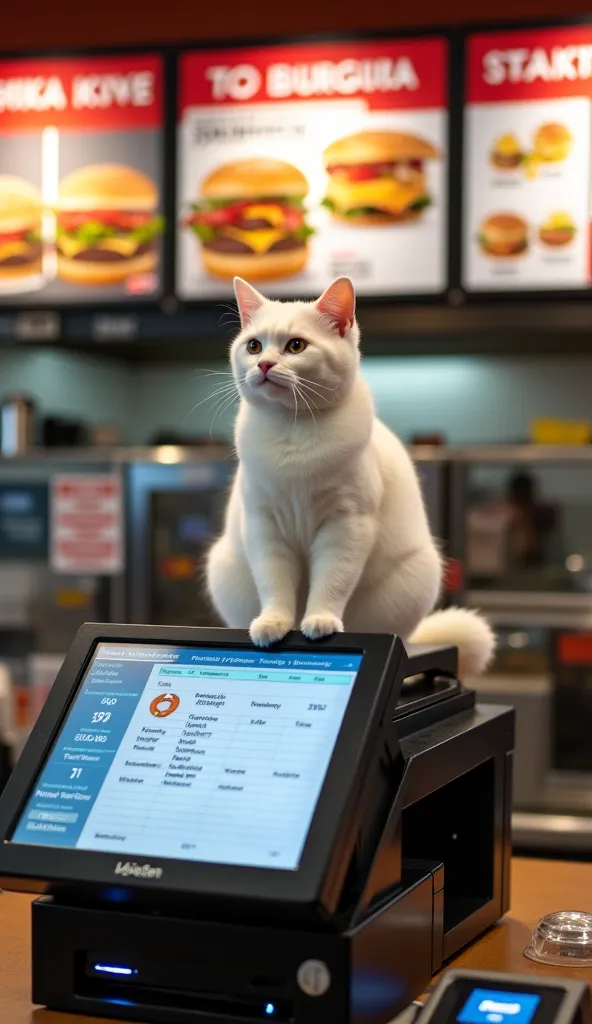 A white cat sitting on top of the cash register machine at a fast-food restaurant, positioned in front of a cash register screen. The background features a menu board displaying images of burgers and text, with a kitchen area visible behind it. The restaur...