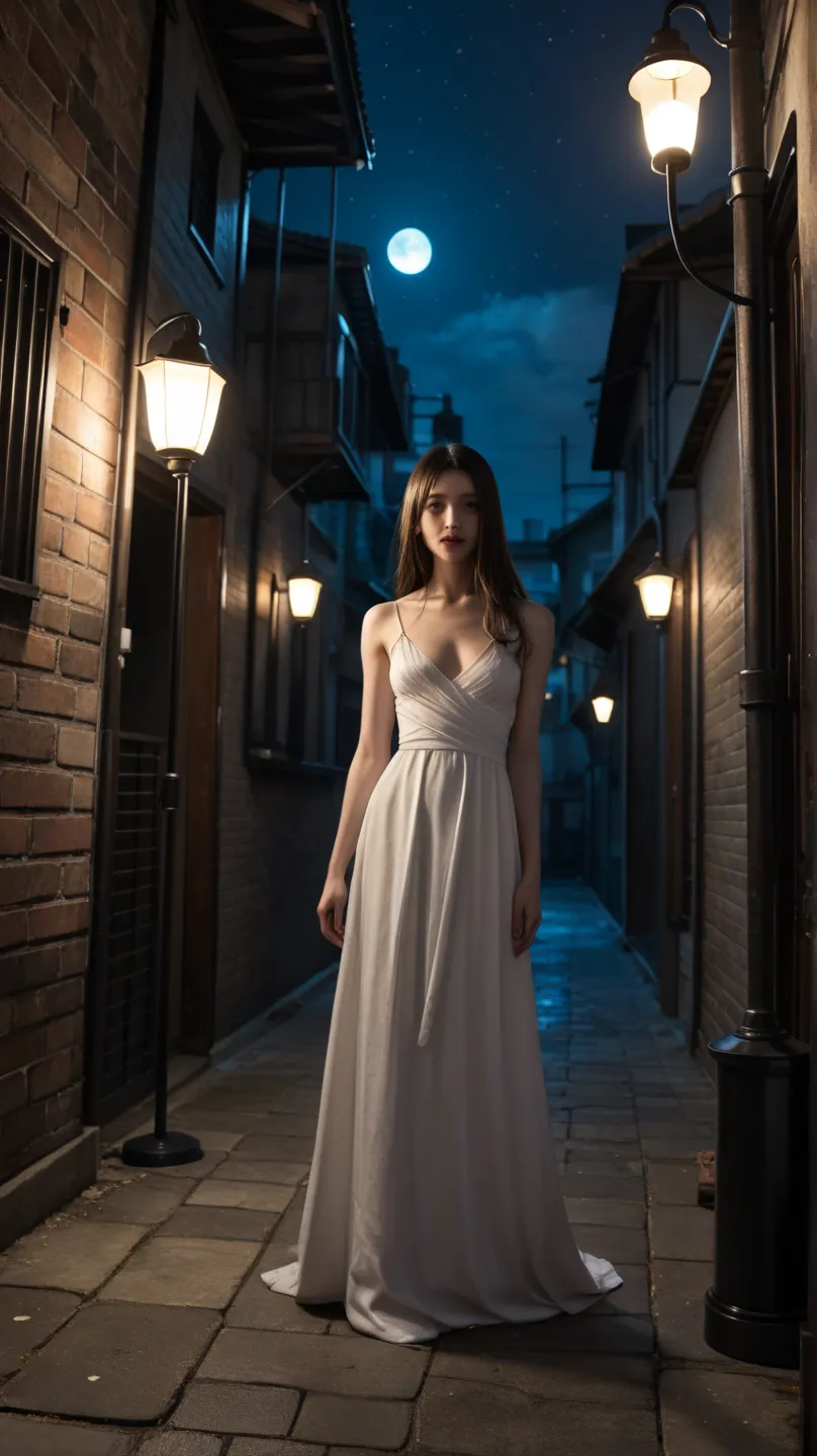 Super long angle, A Lone Figure Under a Streetlamp, (((antique gas lamp:1.5))), Night Time, very dark street:1.5, one woman, solo, A woman is alone in a very dark alley, ghost, 非常に白いone woman,  white skin, Extremely thin women , skinny, White gown, ghostのよ...