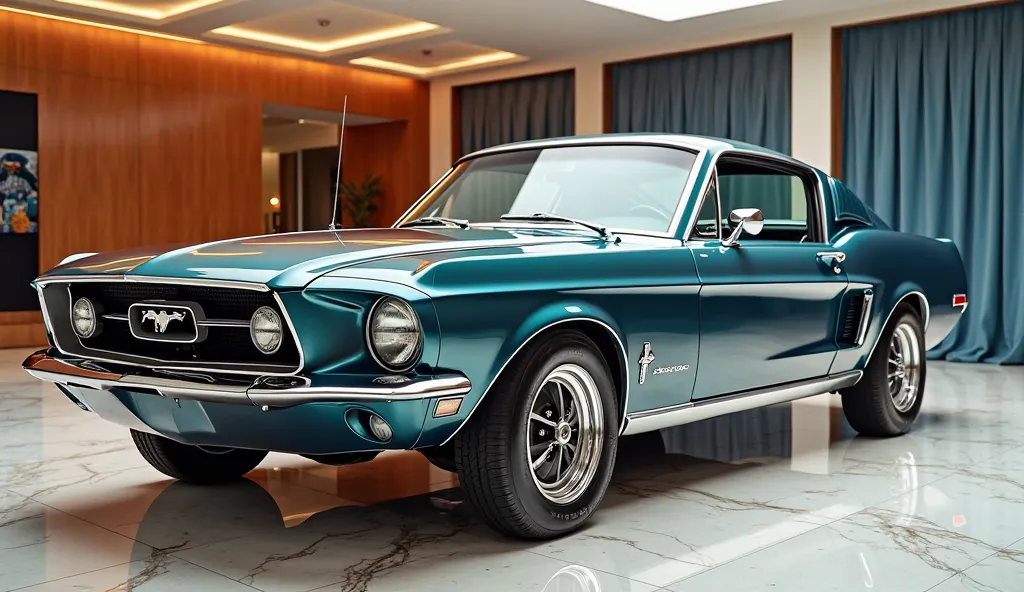 A beautifully restored 1967 Ford Mustang parked on a luxury showroom and background light and glosy
