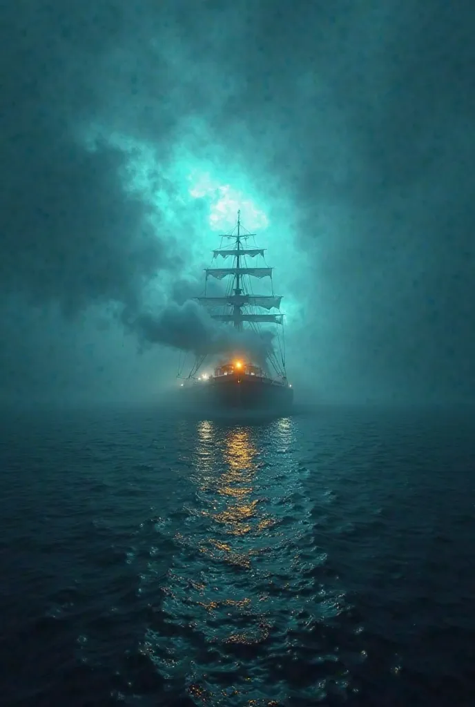 "An 8K UHD image of a ship disappearing into a mysterious fog in the Bermuda Triangle, with glowing lights and a dramatic atmosphere. The scene is vibrant and intense, with detailed textures of the ship and the glowing fog. The background is soft and blurr...