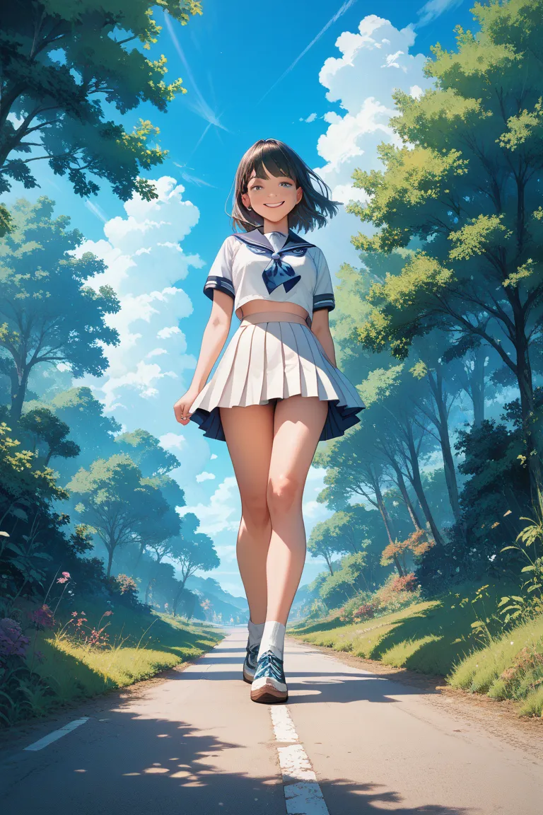 Japanese woman with short black bob, natural smile ,sailor suit,Below the knee skirt,Detailed skirt pleats depiction,Summer in Japan,deep blue sky, country road,Vast flatlands,have a little bit of weeds growing,The boy and his old school