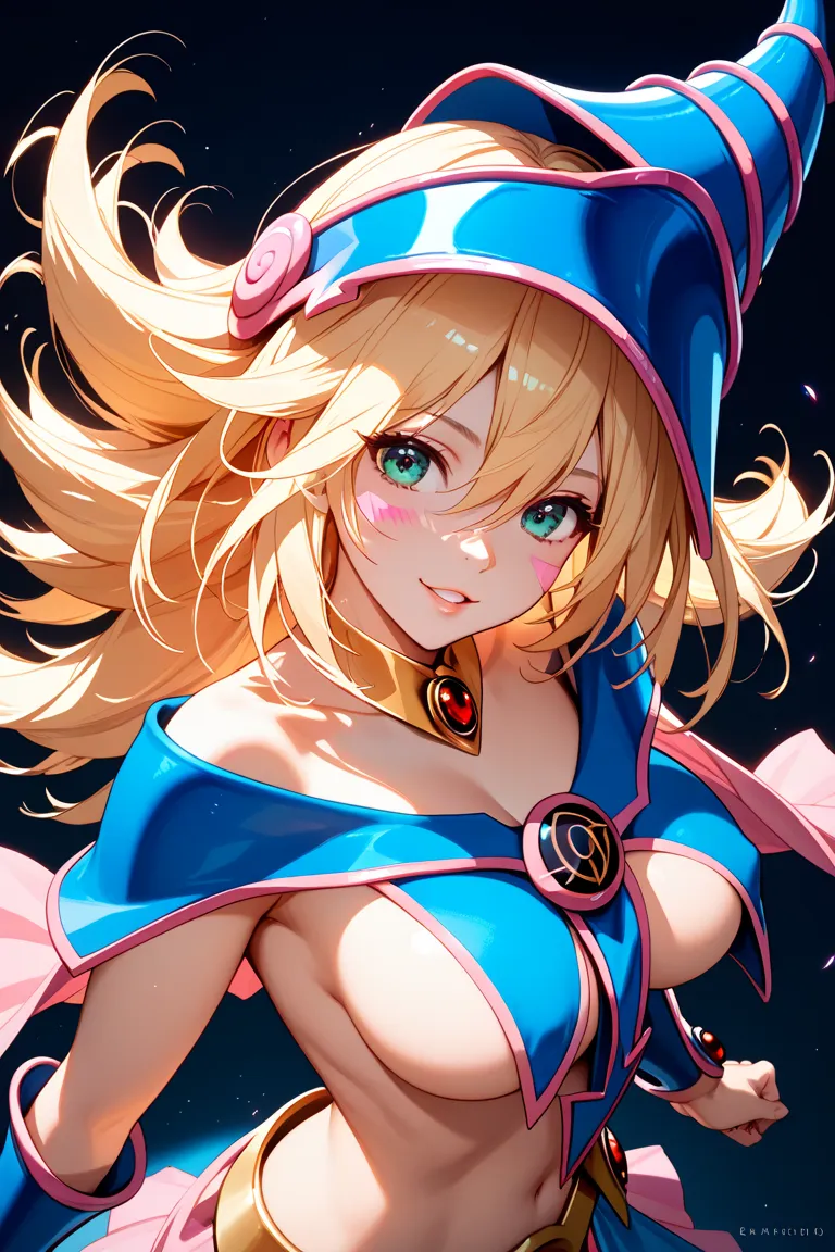 black magician girl、Angle from Above、Big Breasts、 Gold、 looks up、rough breathing、upper body、 with outstretched hands、Underboob