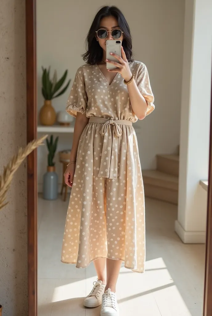 "A high-quality digital image of a stylish, modern woman with a slim figure, straight shoulder-length dark hair, and light skin, wearing a casual beige dress with white polka dots. The dress is loose-fitting, lightweight, and made from soft, flowing fabric...