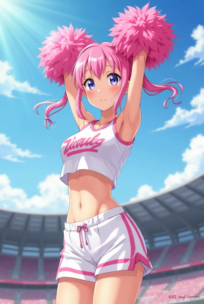 A lively digital anime pic shows a pink-haired cheerleader rocking a white crop top and shorts. She's got bright pink pom-poms in hand, standing tall in a stadium under a sunny sky with fluffy clouds. Her look is all about that cute, spirited vibe.