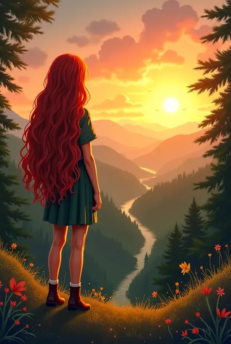 (Visual: A hopeful kingdom, reborn. A long wavy red head girl in traveler clothing standing at the edge of a thriving forest.) make the horizon more visible and big where you can see the sunsetting make it look hopeful 