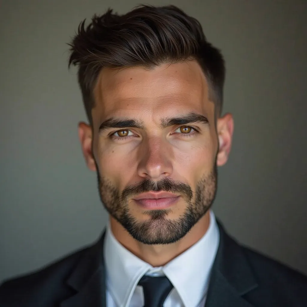 A half body image of a handsome American man in his early 30s with shiny brown hair in a perfect crew cut. He exude a confident, cold and calculated aura and has beautiful brown eyes. He is wearing an office wear. I want him to be very handsome and sexy. H...