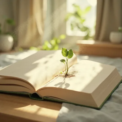 An open book with a single small green sprout growing from its pages, soft warm lighting, minimalist and poetic composition, gentle sunlight casting a glow on the pages, peaceful and dreamlike atmosphere, painterly digital illustration, soft pastel colors,...