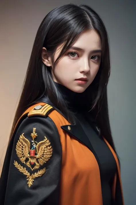  white  girl with long black hair is wearing a military uniform,  Orange Cape , Big hazel eyes,  Science Fiction , Dark mood, 