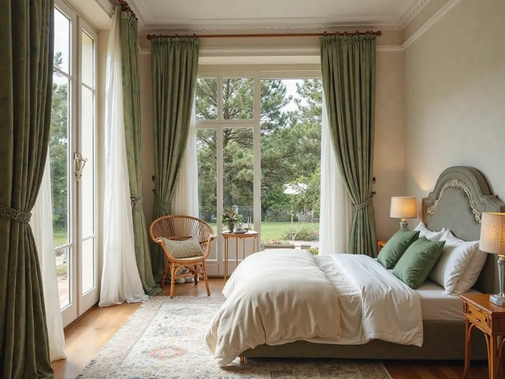 Create a hotel room with French architecture style. Wide view of the entire room, garden view, with pine trees 
Large bed with ivory-white duvet, green accent pillow.
Natural light enters the room, combined with soft fabric curtains.
Relaxing corner with s...