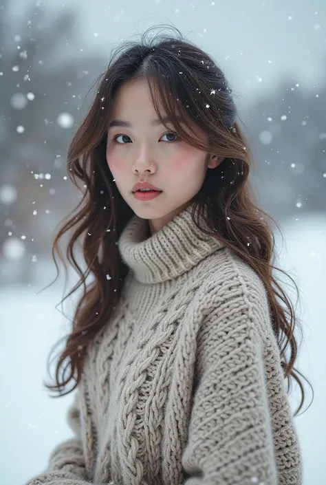 (masterpiece:1.35),(best quality:1.4),8k,  highly detailed ,photography,( body :1.4),  An adult girl ,  The long ,  sweater , Snow background,