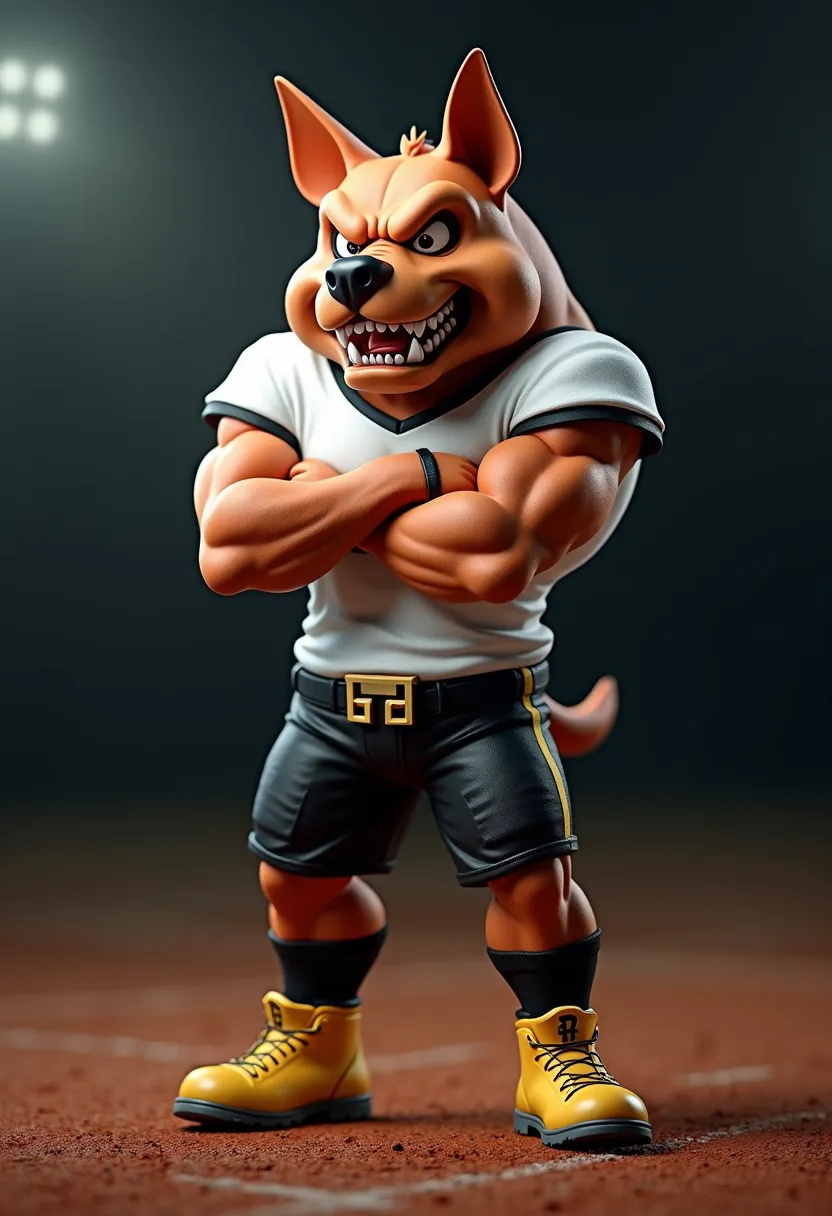 "A football mascot represented by an extremely angry Pit Bull dog, in realistic 3D style. He stands on his side with crossed arms, with black shorts, yellow boots and black socks, stands on a clay football field. The Pit Bull has well-defined muscles, crop...