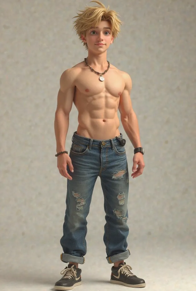 Generate a boy with dirty blonde hair, he is wearing low rise jeans and a crop top and his belly rolls are showing