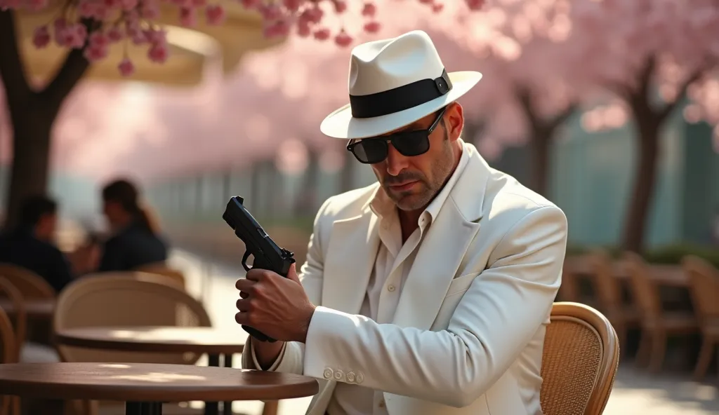 A stylish man wearing a white suit, white fedora hat with a black band, and dark sunglasses sits confidently on a chair at an outdoor café table in the left  during the spring season. He is carefully taking a sleek black pistol out of his suit jacket, his ...