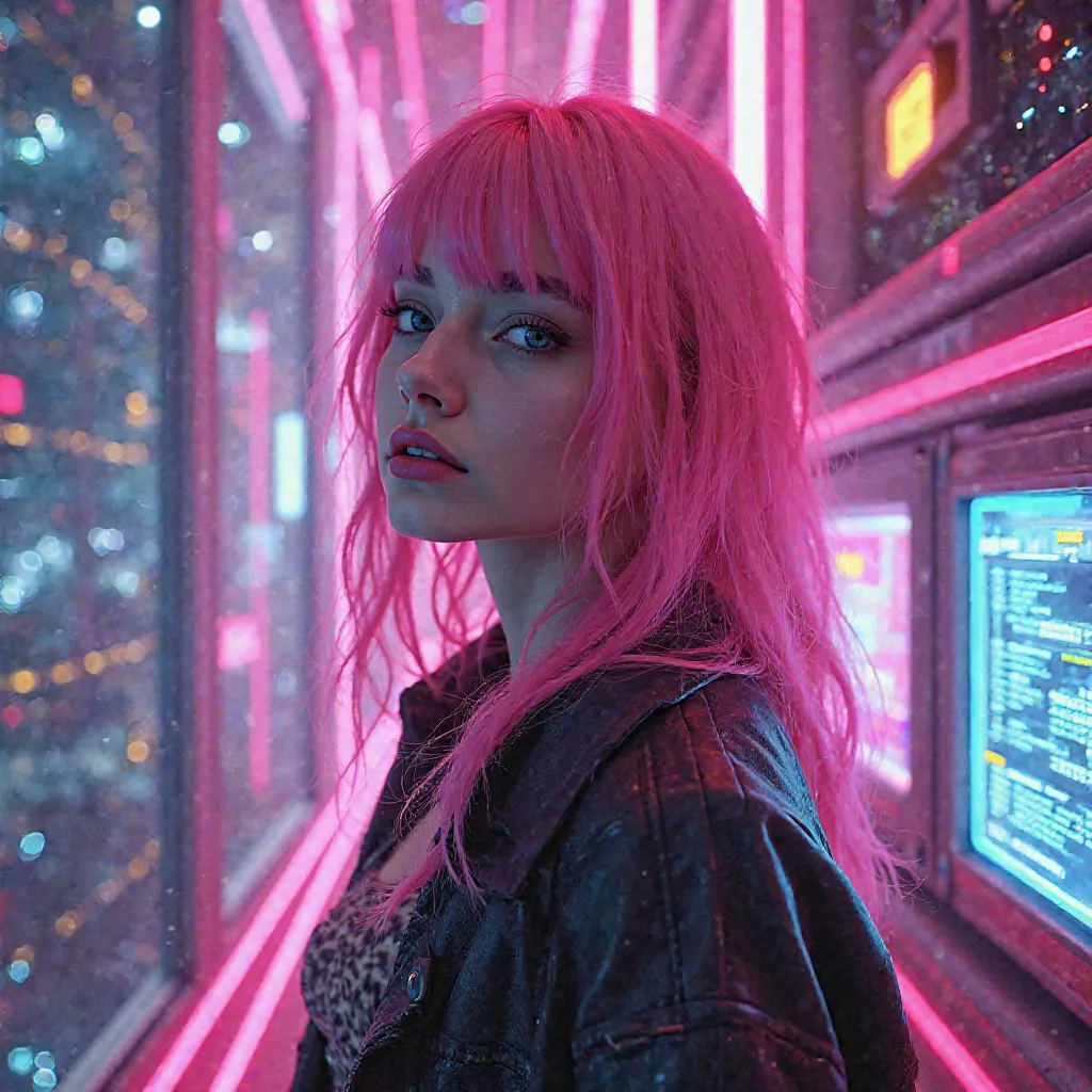 pink hair and bright neon lights in a cyber cyber style setting, cyberpunk art, computer art, cgsociety 9, synthwave image, retrowave ((synthwave)), epic retrowave art, synthwave neon retrofuturism