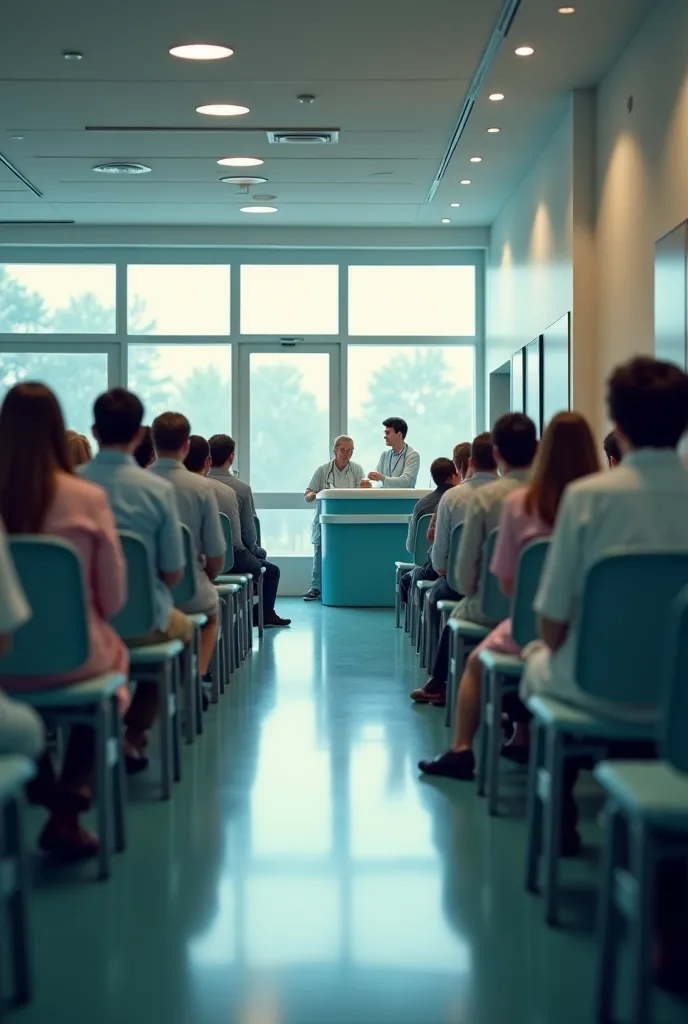 Create a hyperrealistic scene of a hospital environment in the morning, where chairs are lined up horizontally and a kiosk of Service stands out. Anxious people wait to be served, creating a dynamic movement in the composition.  Natural light illuminates t...