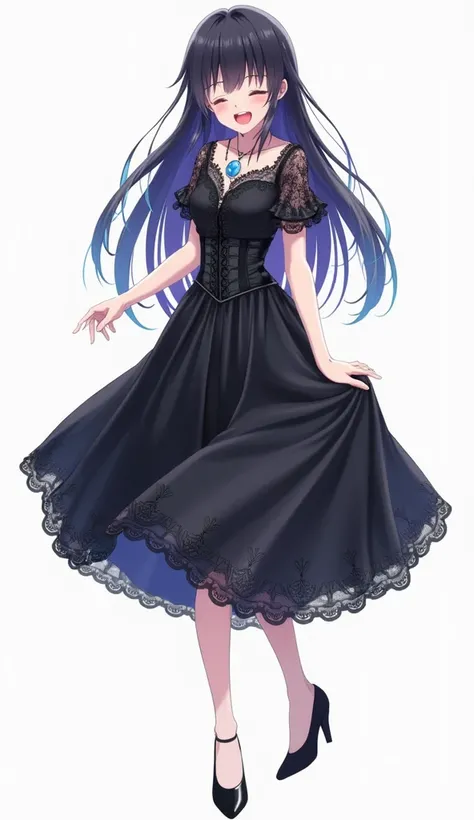 Japanese anime adolescent woman with long straight black hair degraded from blue to purple, which gives her a striking look and closed eyes and she wears a black dress with lace details and corset on the front. The dress has short lace sleeves and a volumi...