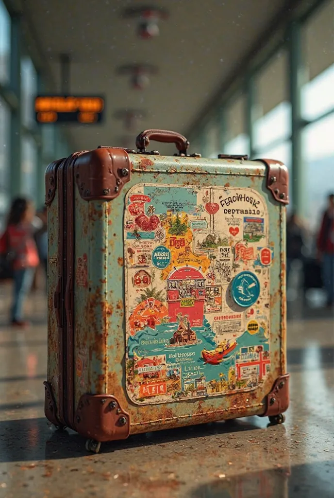 A suitcase with a travel sticker that says in Spanish: From Asia with Love and Pop