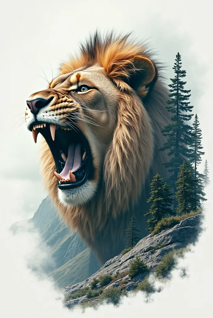 Double exposure growling lion , combined with a mountain-forest landscape, hyperrealistic photo