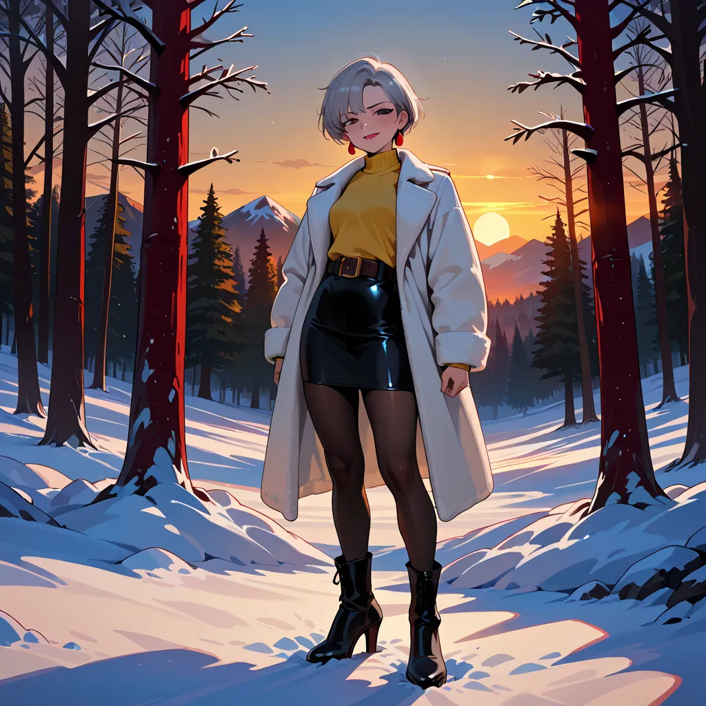    ((warm clothes, overcoat, fur coat, yellow sweater, leather skirt, tights, pantyhose, high heel boots, mountainous environment, snow, sunny day, forest, tundra forest, xuer white fur coat, red lining, smug, belt, red lipstick)), (, , sunset, fitness,, s...