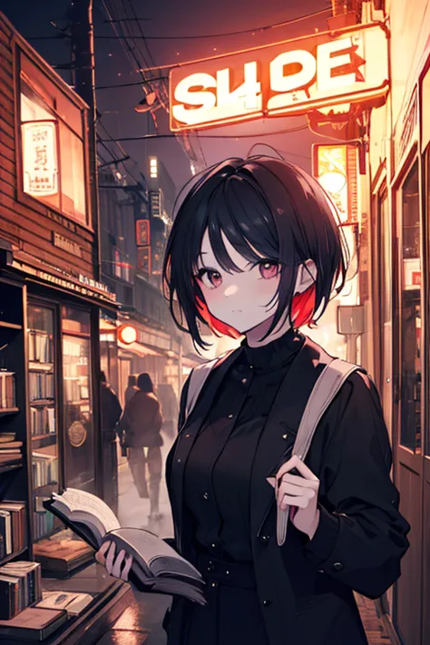 Bewitching and Charming Beauties,Short Hair,nervous expression,Position,Streetscape at Dusk,fog, neon sign ,cool atmosphere with lots of books,high quality,Precise Reality,Digital Art,4K realistic with lots of detail,Bokeh,Vivid Coloring