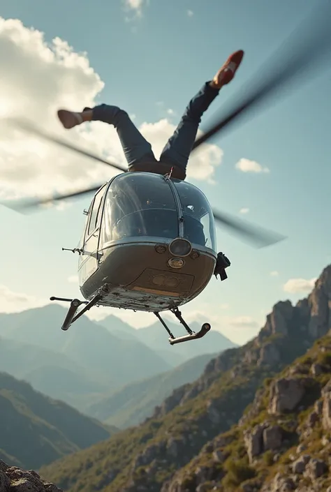 Guy puts on camera, does somersaults on camera and flies in helicopter