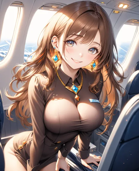 (Highest quality,8k,32K,masterpiece,Ultra-high resolution :1.2 ),born,One girl,Super cute,Natural light,Clear, shining eyes,20-year-old,big breasts,smile,Fair skin,Fantasy background of an electronic world like inside an airplane,The noble earrings are shi...