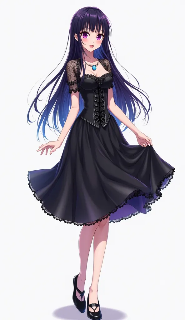 Japanese anime adolescent woman with long straight black hair degraded from blue to purple, giving her a striking look and intense magenta eyes and wears a black dress with lace and corset details on the front. The dress has short lace sleeves and a volumi...