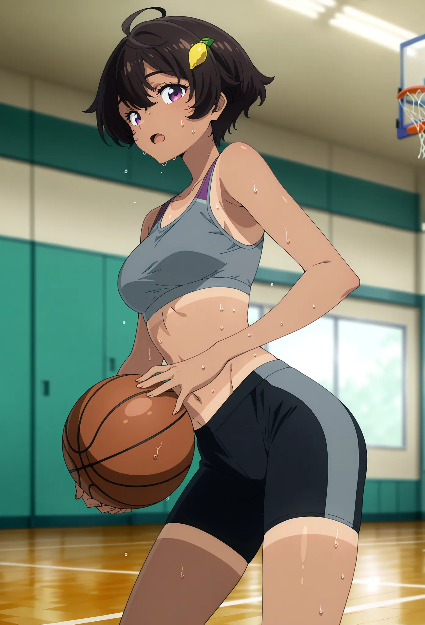 anime screencap, masterpiece, best quality,
1girl, solo, open mouth, sweat,
dark skin, short hair, brown hair, ahoge, purple eyes, lemon hair ornament,
LemonGym, sports bra, grey bra, tanlines, bike shorts, black shorts,
holding,  basketball,
contrapposto,...