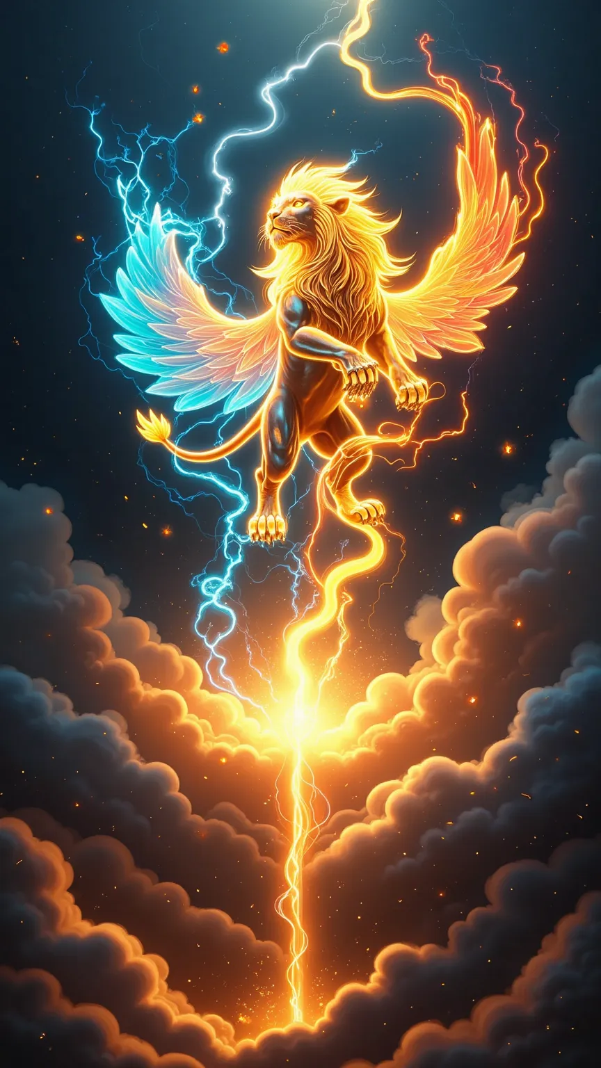 A lion appearing from clouds in the sky, a phantom beast with wings、A golden phantom beast is firing neon rainbow lightning from its wings. Lightning intertwines in the air, illuminates the surroundings with a vivid and exciting flash,  the sky is cracked ...