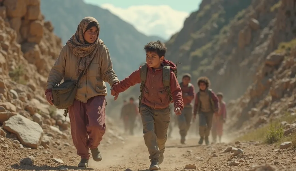 3.	A desperate escape through a rocky mountain pass—a young boy clutching his mother’s hand, their clothes torn from the journey. Behind them, other refugees struggle to keep up. Dust and exhaustion hang in the air. Closed-up, hyper-realistic, vibrant, 4K ...