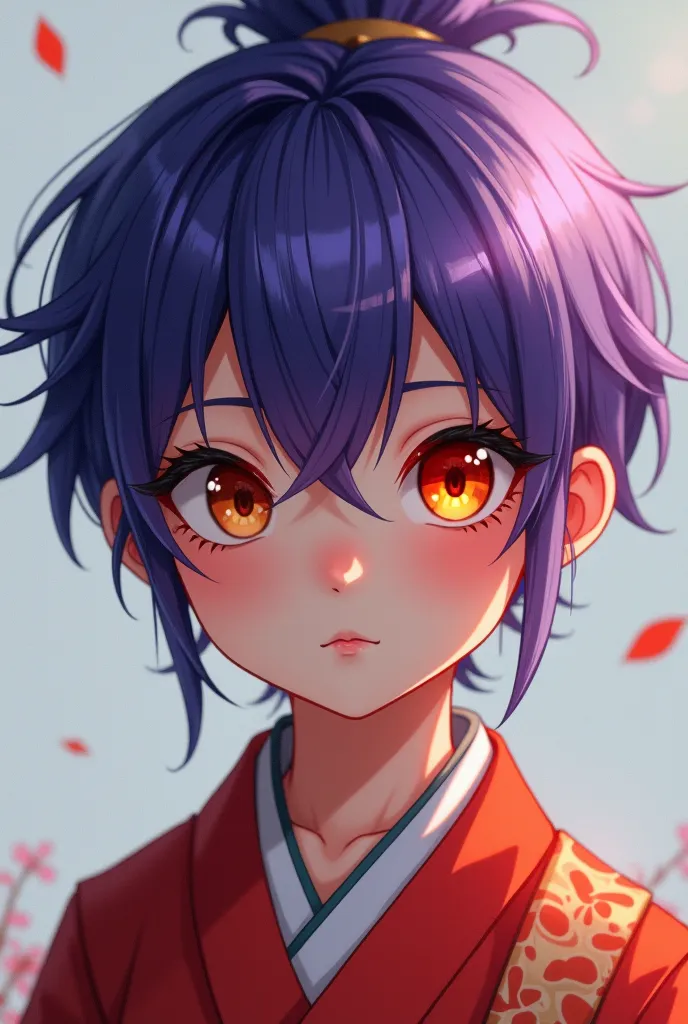 Right eye pupil is brown，Left eye pupil is persimmon red，Hair is purple ponytail，Beautiful seven-year-old boy，Wearing Japanese-style clothing