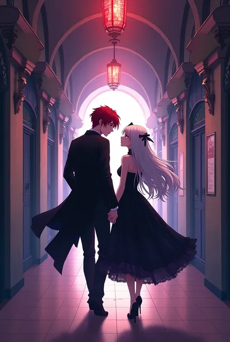 Anime style of a goth couple in love walking around school. Red-haired man and woman with long white hair. both gorgeous . the background of a school 