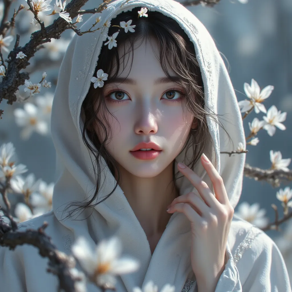 An ultra-detailed depiction of a young Asian woman,  The Pale  ,   The Graceful Character  ,  Gives Her An Angelic Look .   For Her Expressive Eyes 、 is full of innocence and wonder that enhances softness ,   add purity and tenderness to her expression .  ...