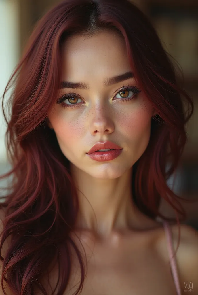 Create a realistic female character, That he has burgundy eyes, burgundy hair, full lips,  straight nose, Very pretty,  round face ,  that are as realistic as possible 