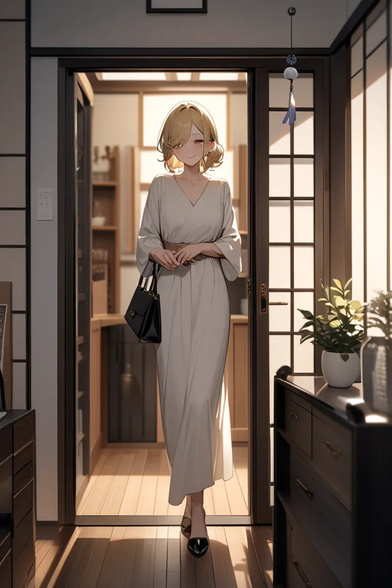 /imagine prompt: a close-up view of the inviting entrance of a modern Japanese home, featuring a wooden floor and a delicate wind chime hanging from the door frame. In the foreground, a mature man and a sensual woman with golden blonde hair stand closely t...