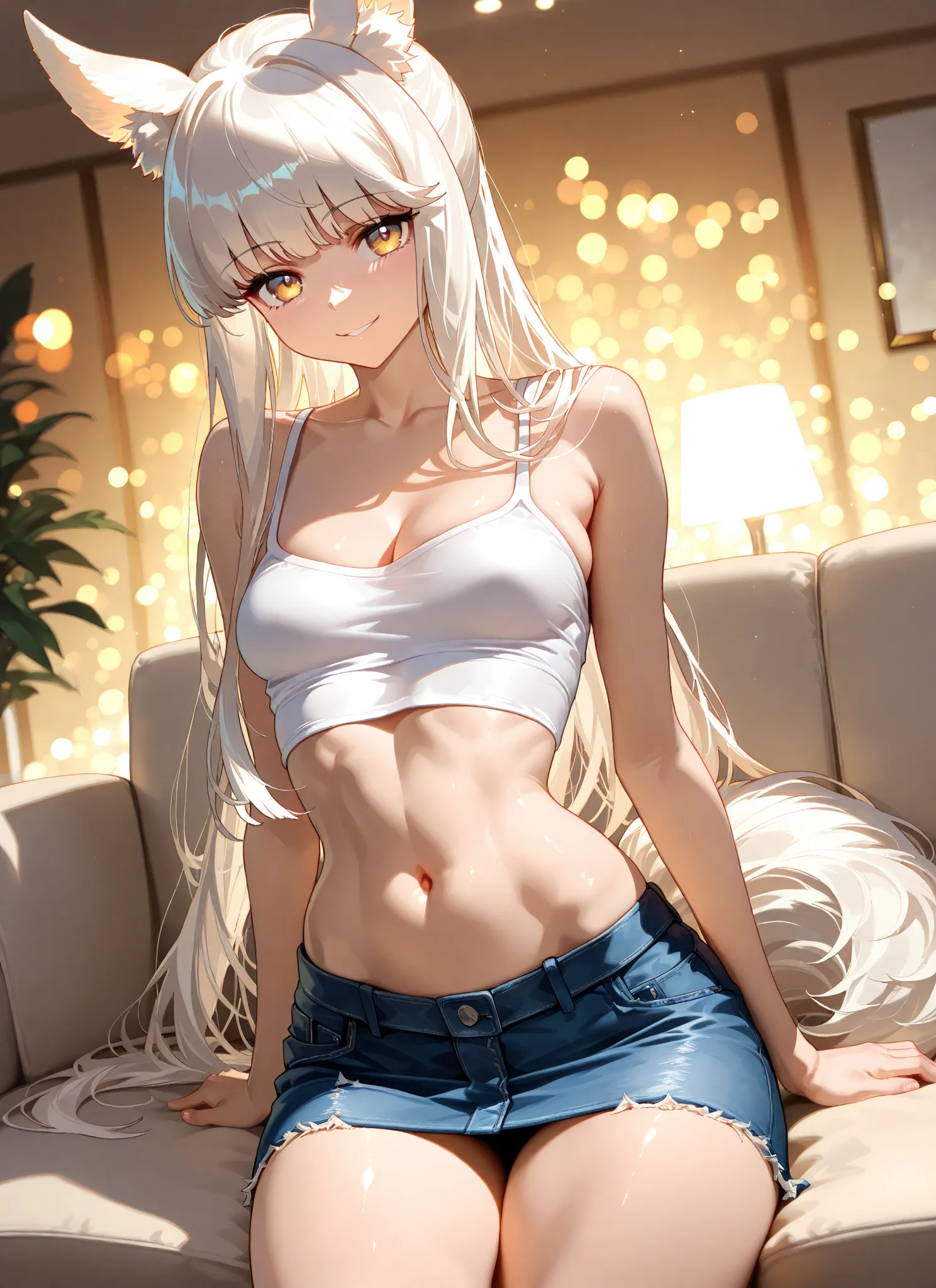 {{super detail, best quality, anatomically correct, high quality, high details, highres, masterpiece, best quality}}, masterpiece, best quality, solo, 1girl, platinum_\(arknights\), small breasts, yellow eyes, white hair, horse tail, long hair, miniskirt, ...