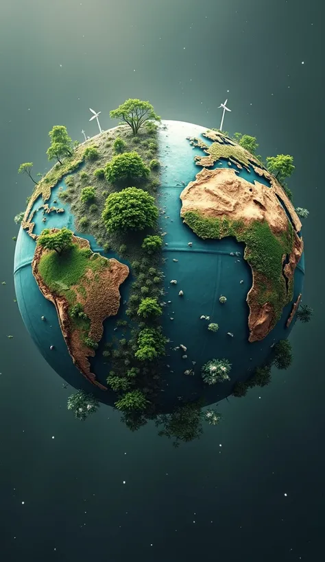 Planet Earth with an environment half degraded and half saved by biotechnology