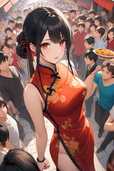 A beautiful, seductive woman wearing a Chinese dress that is cut at the side to the thigh. She has long black hair tied up and has orange-red eyes. His point of view is from above, he looks up while carrying Chinese food. The background is full of people a...