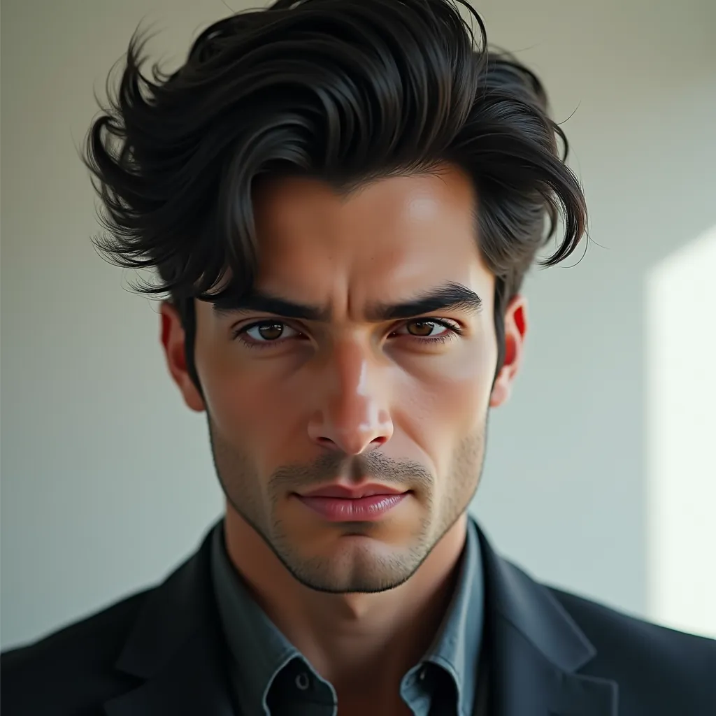 A half body image of a handsome American man in his late 20s with black hair. He has black eyes. He is wearing an office wear. I want him to be very handsome and mischievous