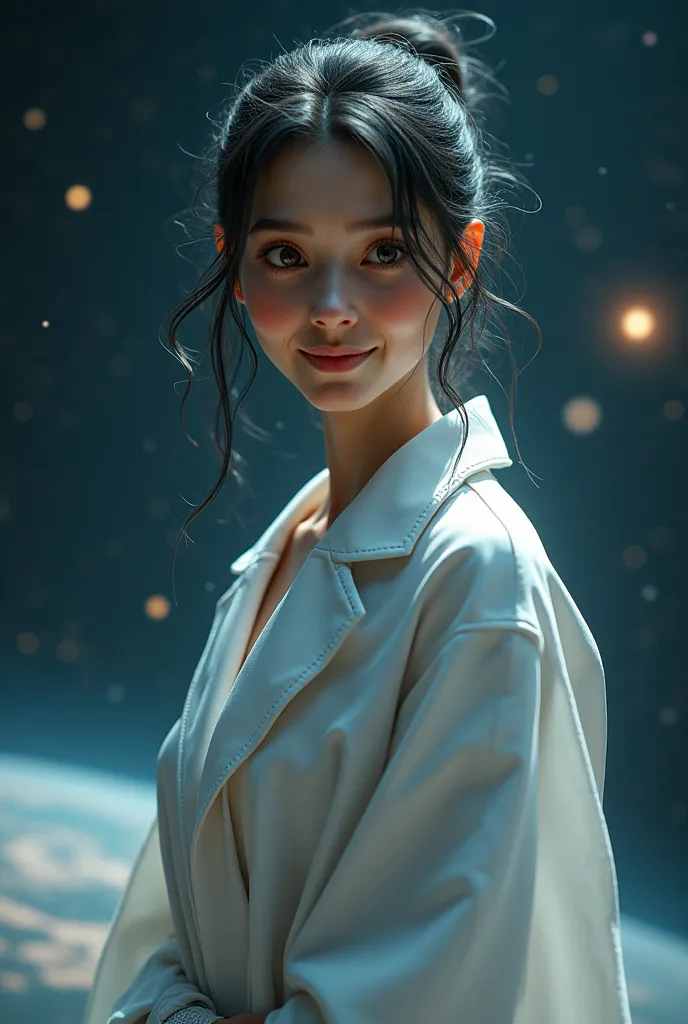 Create a weird scientist in a white robe, She has a smiling face, I want it to be in the background in space