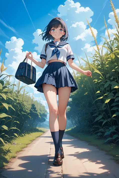 Japanese woman with short black bob, natural smile ,sailor suit,dark blue skirt that is below the knee,Detailed skirt pleats depiction,navy blue high socks,loafers that make me blush,Summer in Japan,deep blue sky, country road,Vast flatlands,Weeds are grow...