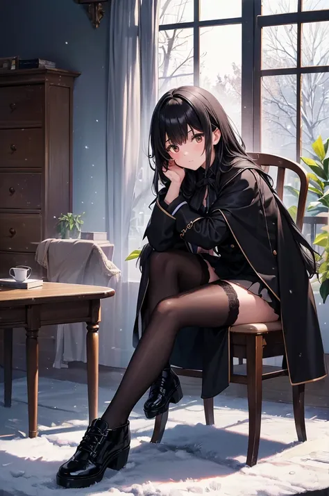 High image quality, high resolution, smooth gradation, vivid colors, a black cloak, a black student uniform, black stockings, black lace-up shoes, black hair, a high school girl, A winter garden with dry soil and no snow, dead trees, a broken chair turned ...