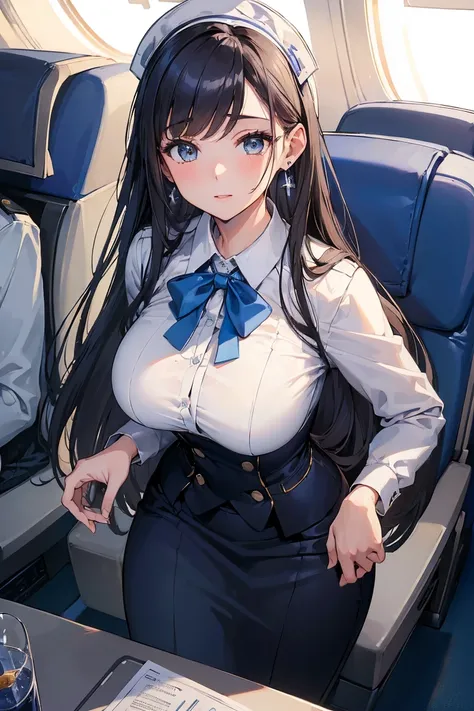 ((masterpiece)), ((high resolution)), ((best quality)), (ultra-detailed),((Ana_flight attendant, _uniform)),, (aircraft, aircraft seats), Cute face,big breasts,long hair, stewardess,Earrings、Sexy、Cabin attendant、Beauty、standing and serving customers