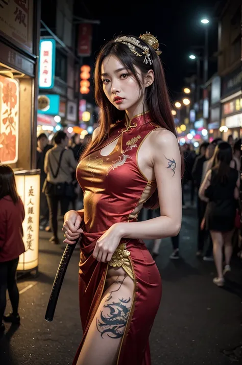 , "A striking geisha with long, flowing red hair, wearing a form-fitting red qipao (Chinese dress) with high slits and golden embroidery. Her face is adorned with traditional Japanese geisha makeup, featuring a pale complexion, vivid red lips, and intricat...