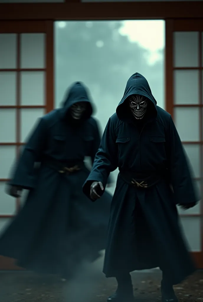 Two shadowy, masked figures bursting through a traditional Japanese sliding door (shoji door), with motion blur to add intensity.