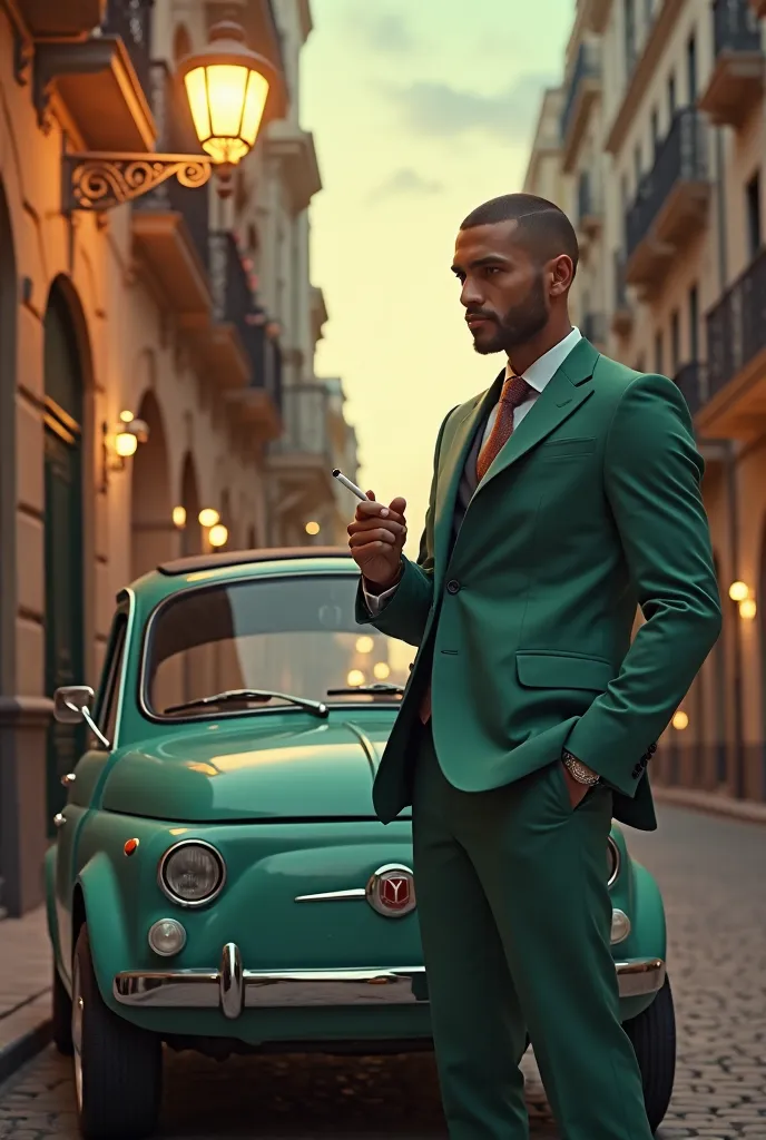 Fiat 500 parked under a street lamp, a man with buzz cut head, in a green suit, lighting a cigarette, the sky before dawn,