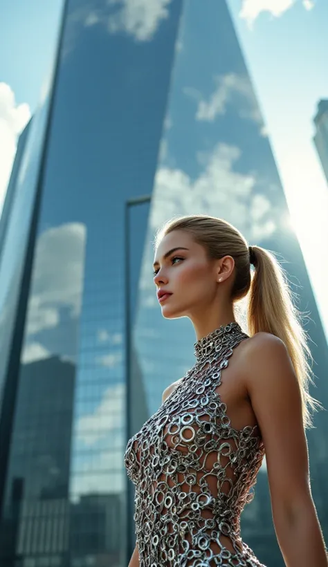 Cinematic full-length shot of a stunning young woman. 20s. Blonde. Long straight hair. Ponytail. Wearing a short dress made of strands of intertwined silver targets and rings. She stands in front of a towering glass skyscraper whose surface reflects clouds...